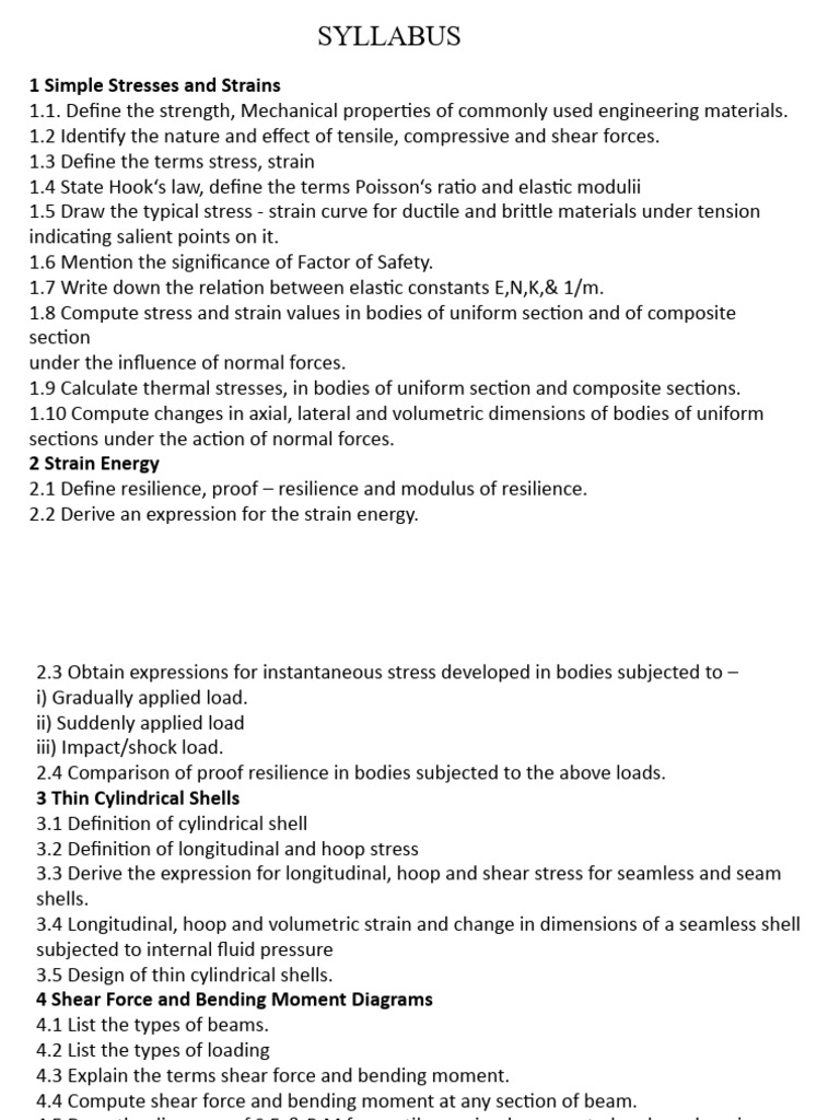 Diploma Strength of Materials 3rd Unit PDF Bending Stress (Mechanics)