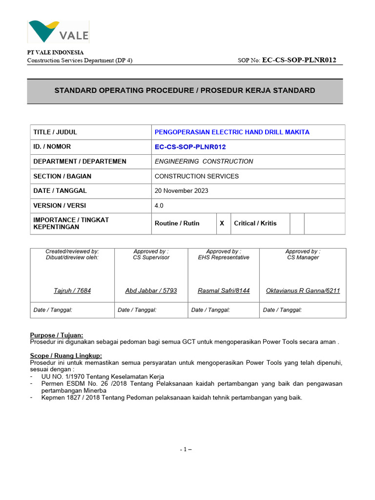 Prosedur Pengoperasian Bor Makita | PDF