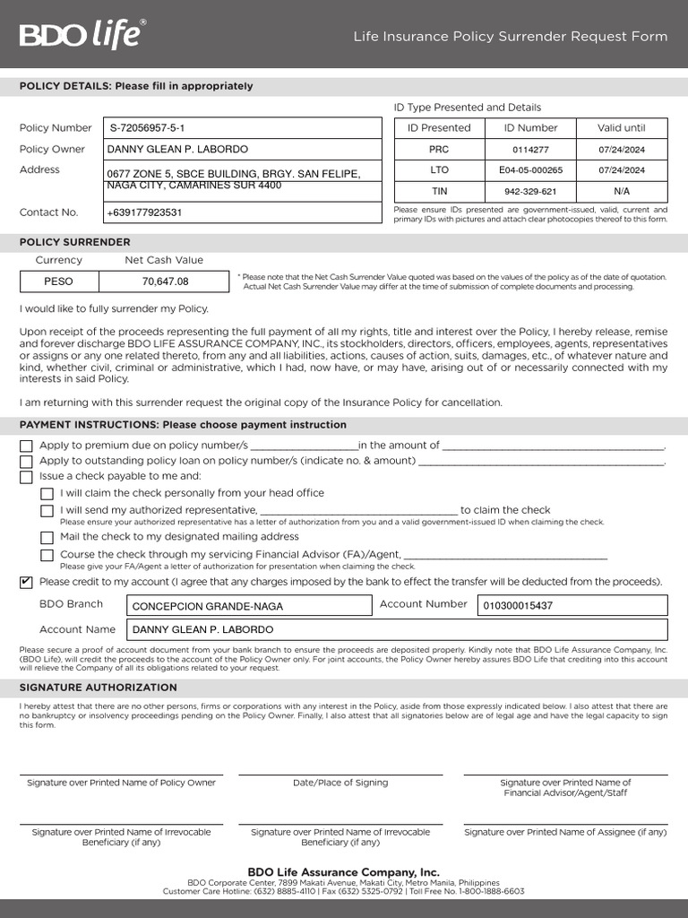 Life insurance policy surrender request form fillable pdf insurance
