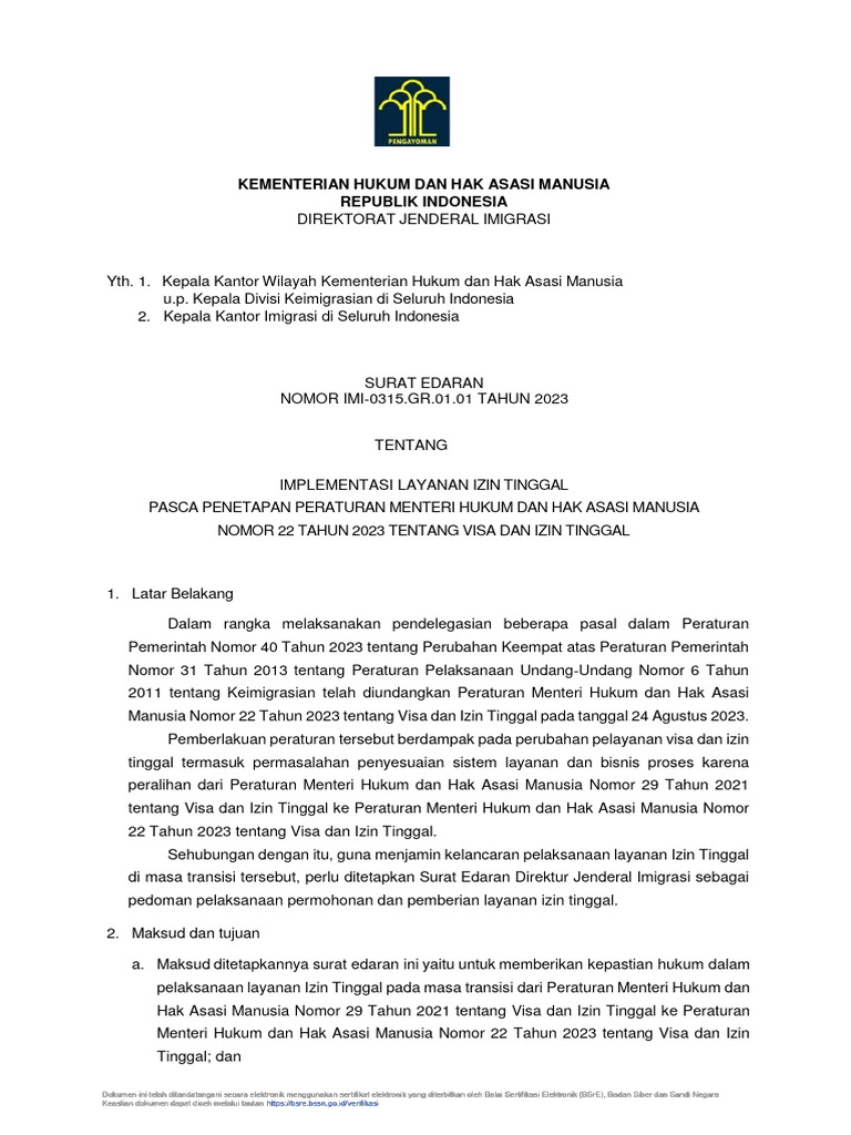 Se implementasi layanan izin tinggal pasca penetapan permenkumham 22