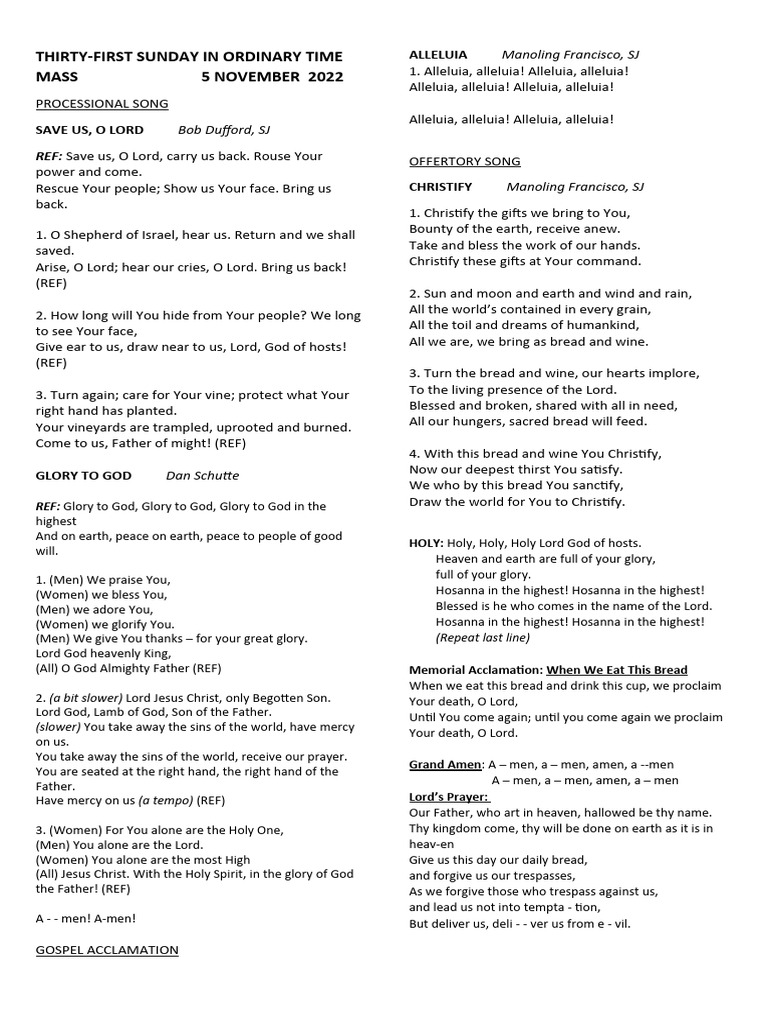 SONGS FOR THIRTYFIRST SUNDAY IN ORDINARY TIME Mass 5 November 2024 PDF Glory (Religion