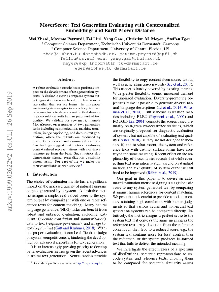 Moverscore: Text Generation Evaluating With Contextualized Embeddings ...