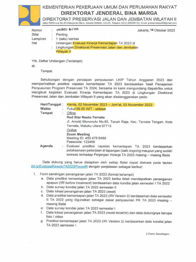 Undangan - Evaluasi Kinerja Kemantapan TA. 2023 Di Lingk Dit Preserv