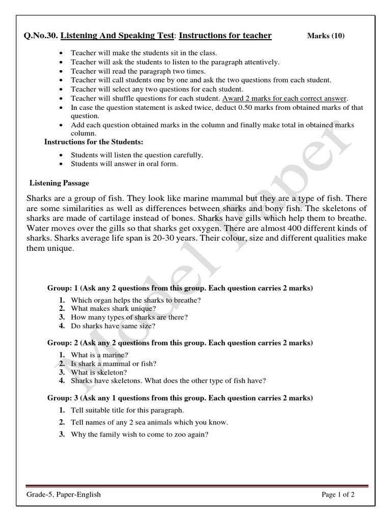 Paper Listening and Speaking ENGLISH PDF Sharks Fish