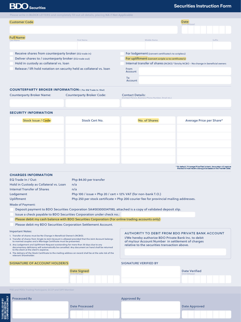 BDO Securities Securities Instruction Form | PDF | Securities (Finance ...