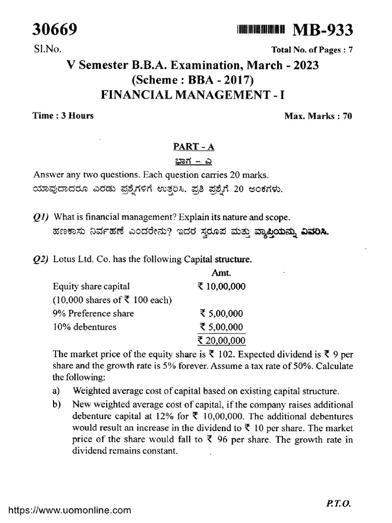Bba 5 Sem Financial Management 1 MB 933 Mar 2023 | PDF