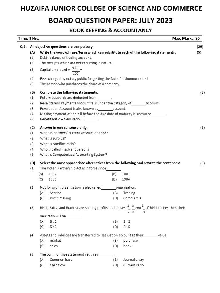 Board Question Paper BK PDF Balance Sheet Debits And Credits