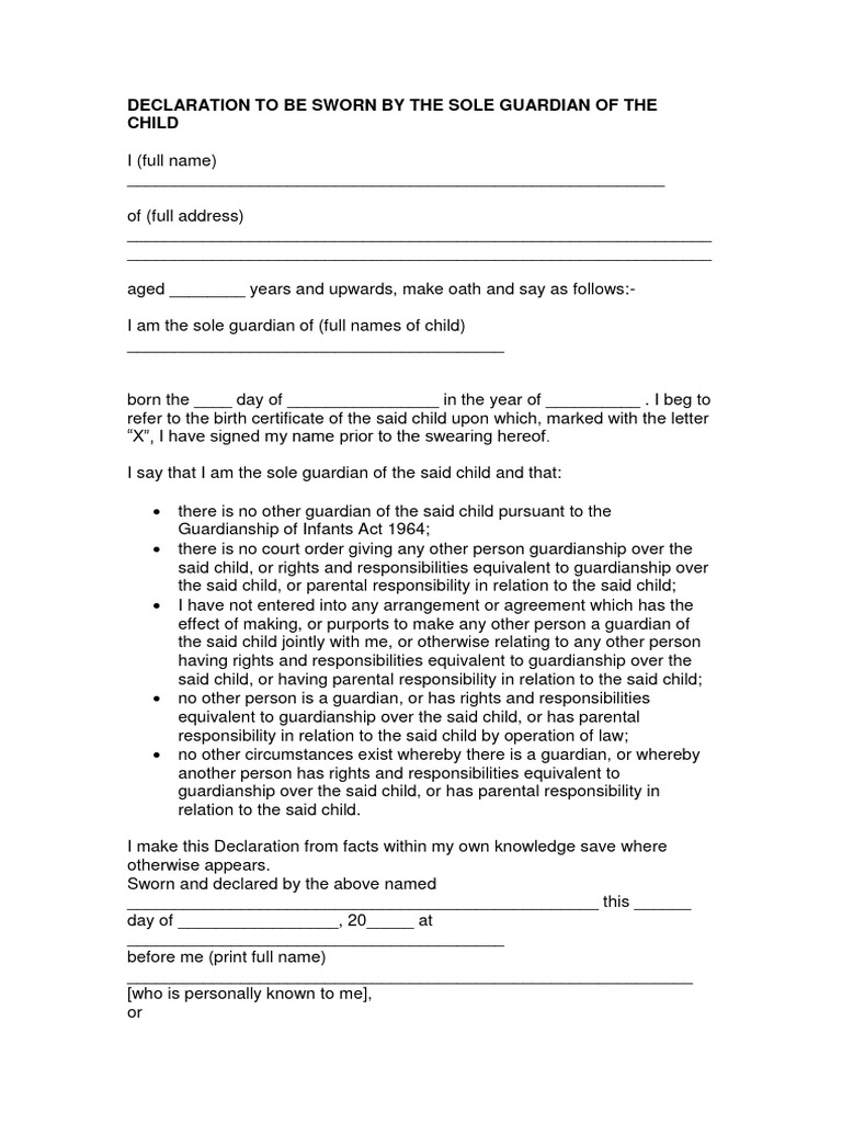 Travel Document Declaration For Sole Guardianship PDF Child Custody Passport