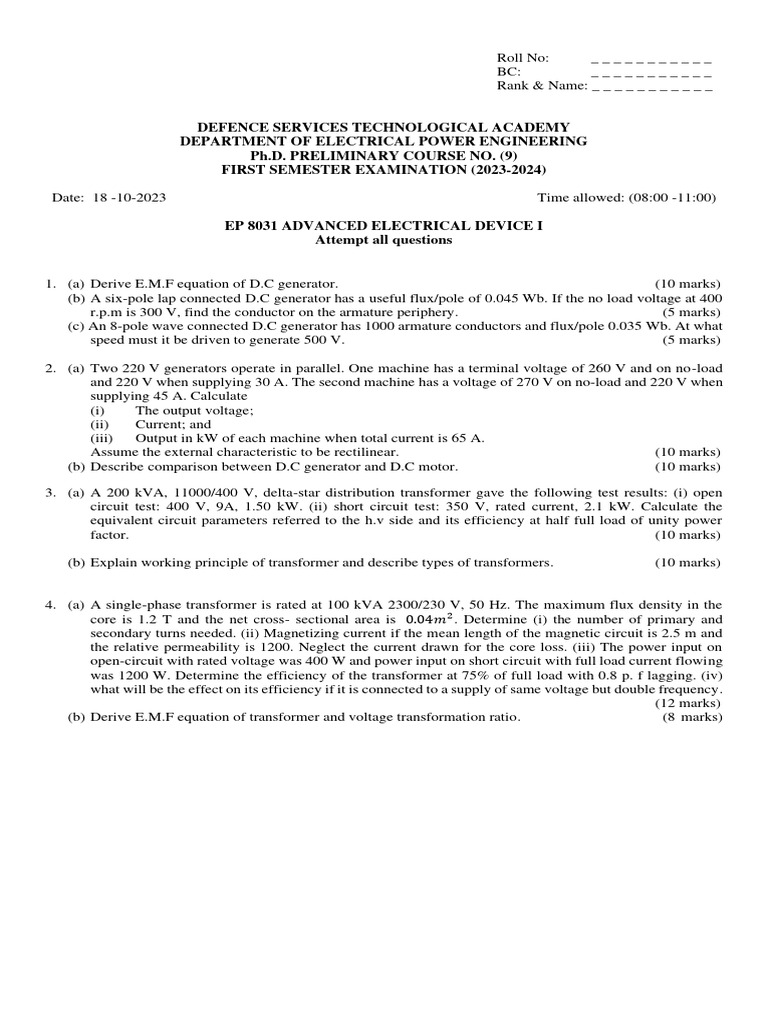 EP 8031 9th Batch PH.D QA | PDF | Transformer | Electronic Engineering