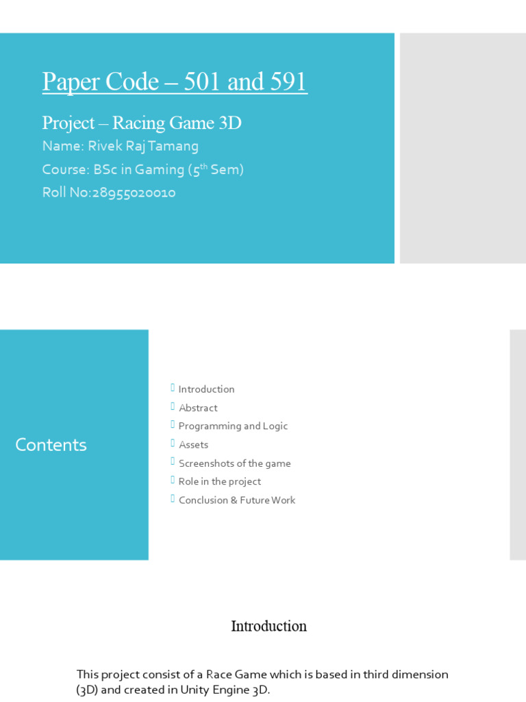 Paper Code - 501 and 591: Project - Racing Game 3D | PDF | Unity (Game ...
