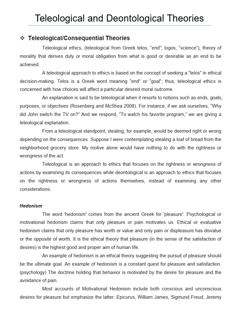 Wks 7 8 Teleogical Deontological Theories | PDF | Hedonism | Utilitarianism