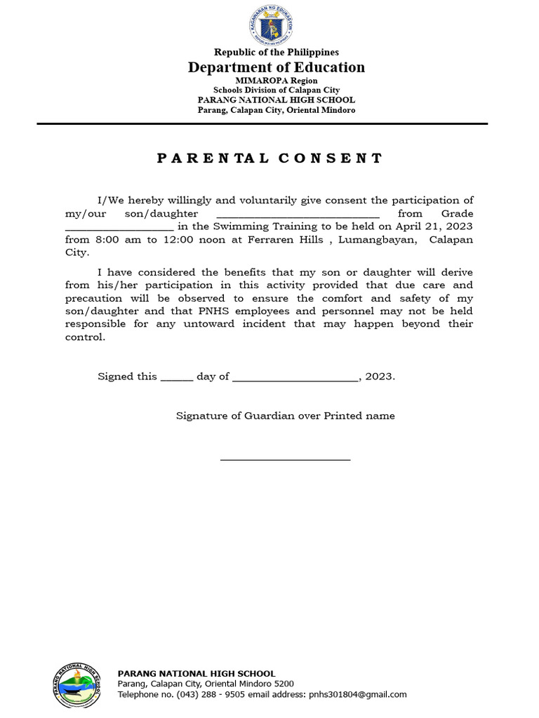 Parental Consent for Swimming Training | PDF