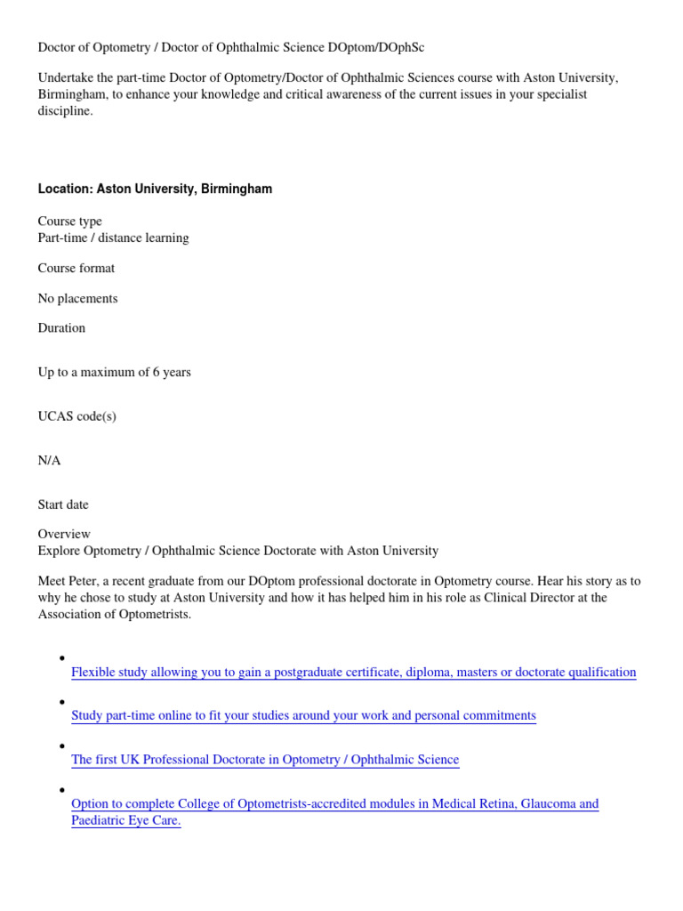 Aston University Doctor of Optometry Program | PDF | Optometry | Thesis