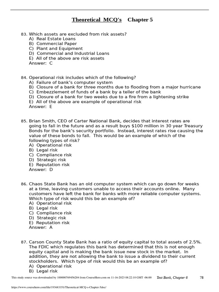 Bank Risk Types and MCQs Analysis | PDF | Banks | Market Liquidity