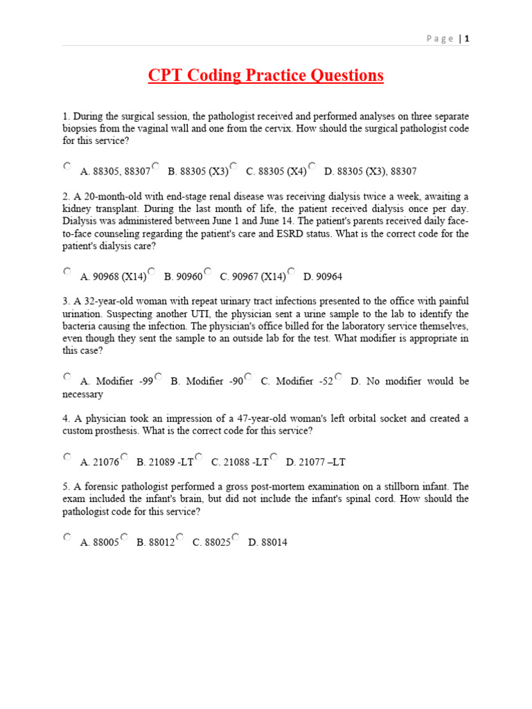 CPT Coding Practice Questions PDF Anesthesia Surgery