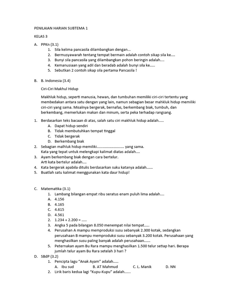 Tema 1 Subtema 1 Kelas 3 | PDF | Kajian Bahasa Asing