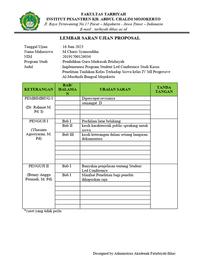 Lembar Saran Ujian Proposal | PDF