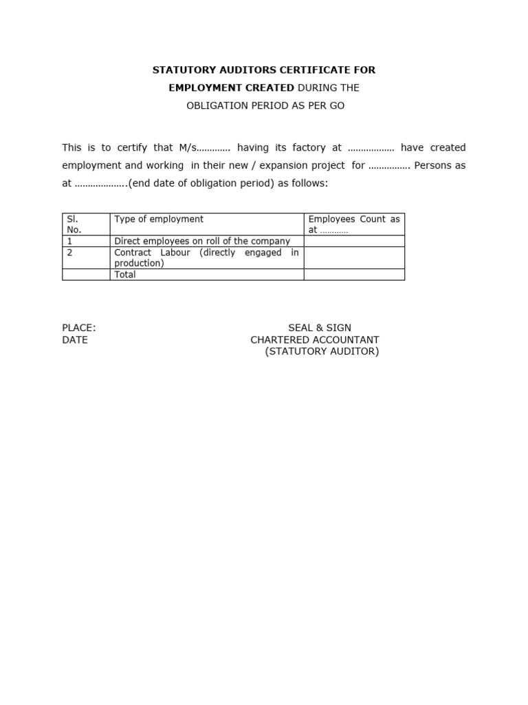 Statutory Auditors Certificat for Employment Created During the