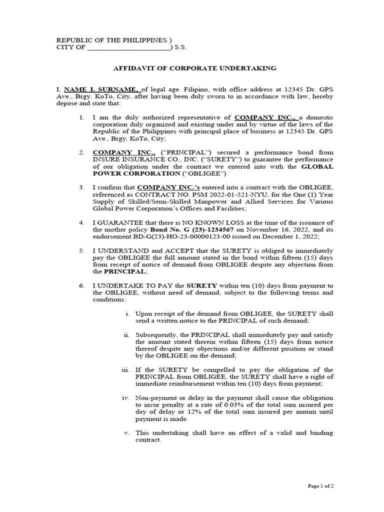 Corporate Surety Affidavit Template | PDF | Surety | Affidavit