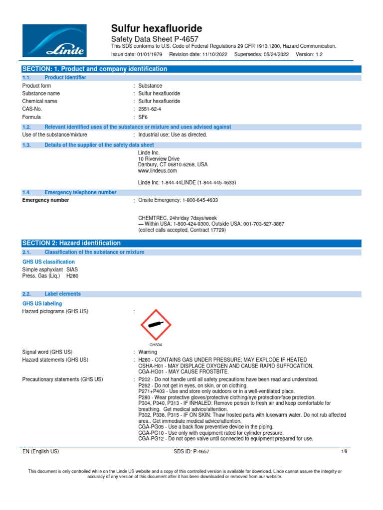 SF6 Gas Safety Data Sheet | PDF | Firefighting | Toxicity