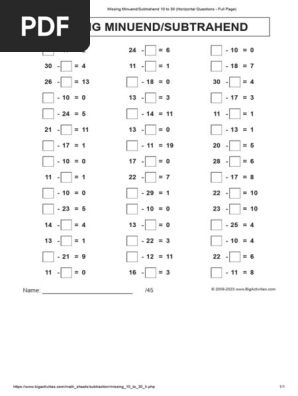 Missing Minuend - Subtrahend 10 To 30 (Horizontal Questions