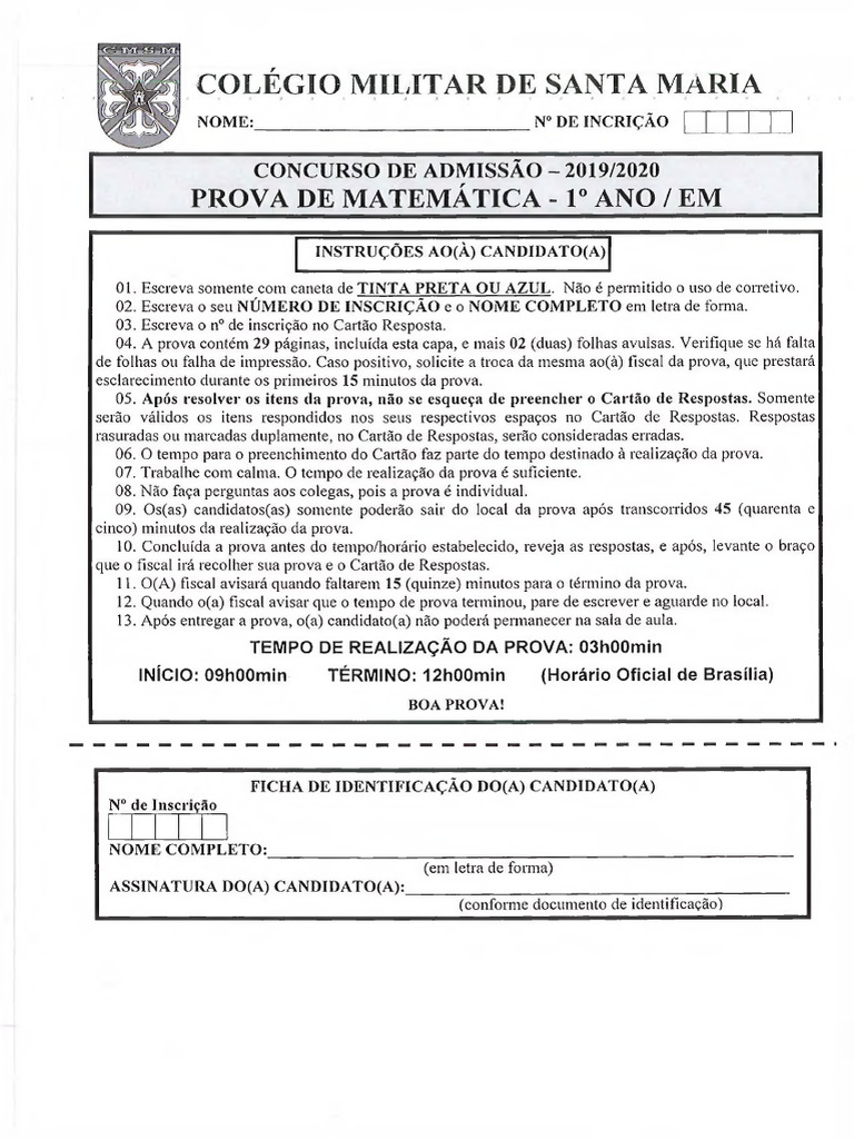 Prova de Matemática - CMSM 2019/2020 | PDF