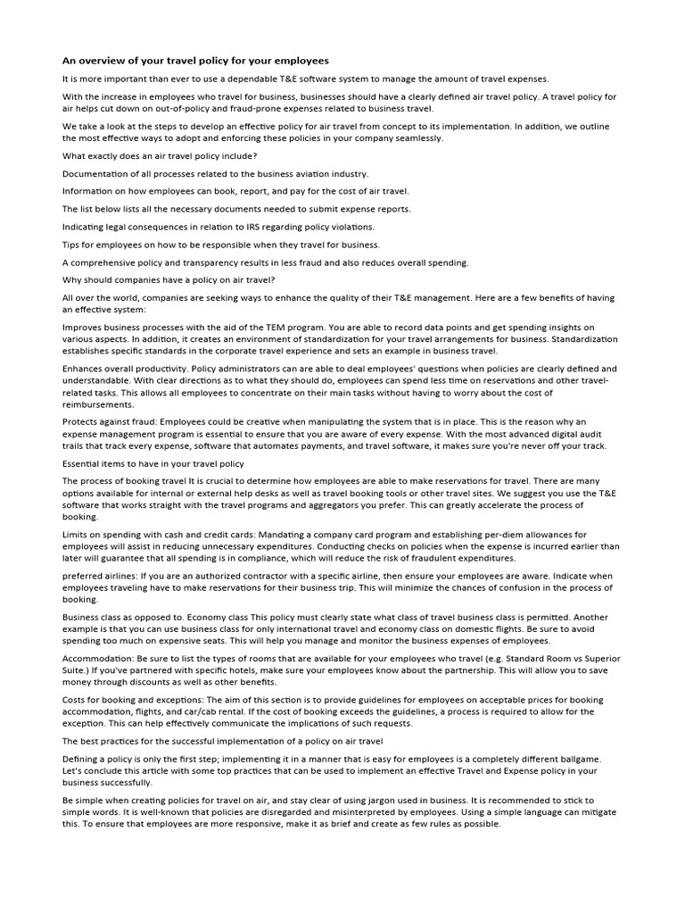 An Overview of Your Travel Policy For Your Employees PDF Policy Employment