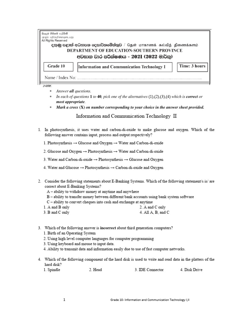 Grade 10 ICT 3rd Term Test Papers | PDF | Computer Network | Input/Output