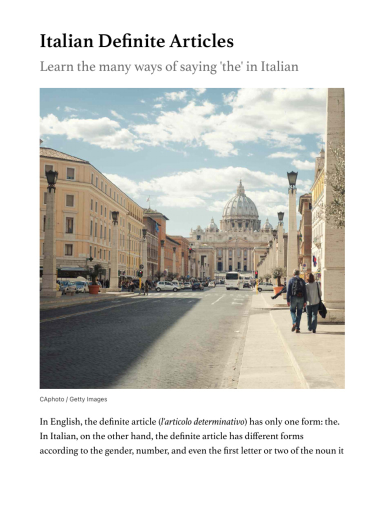 Italian Definite Articles PDF Grammatical Gender Plural