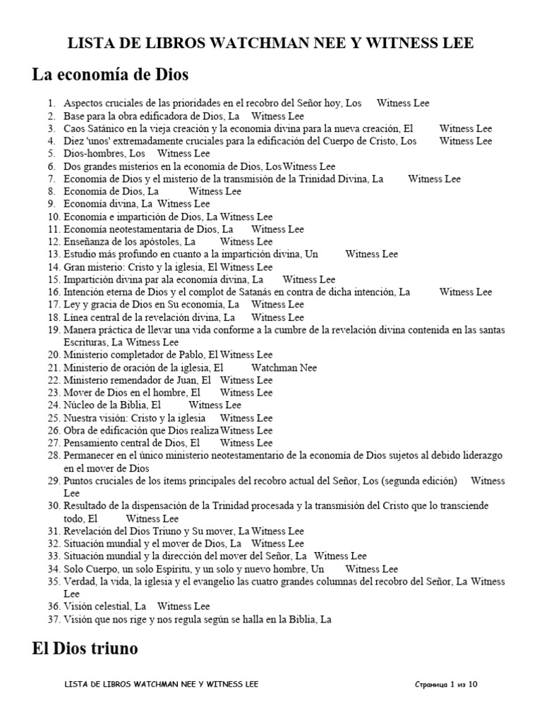 Lista de Libros Watchman Nee y Witness Lee | PDF | Cristo (título ...