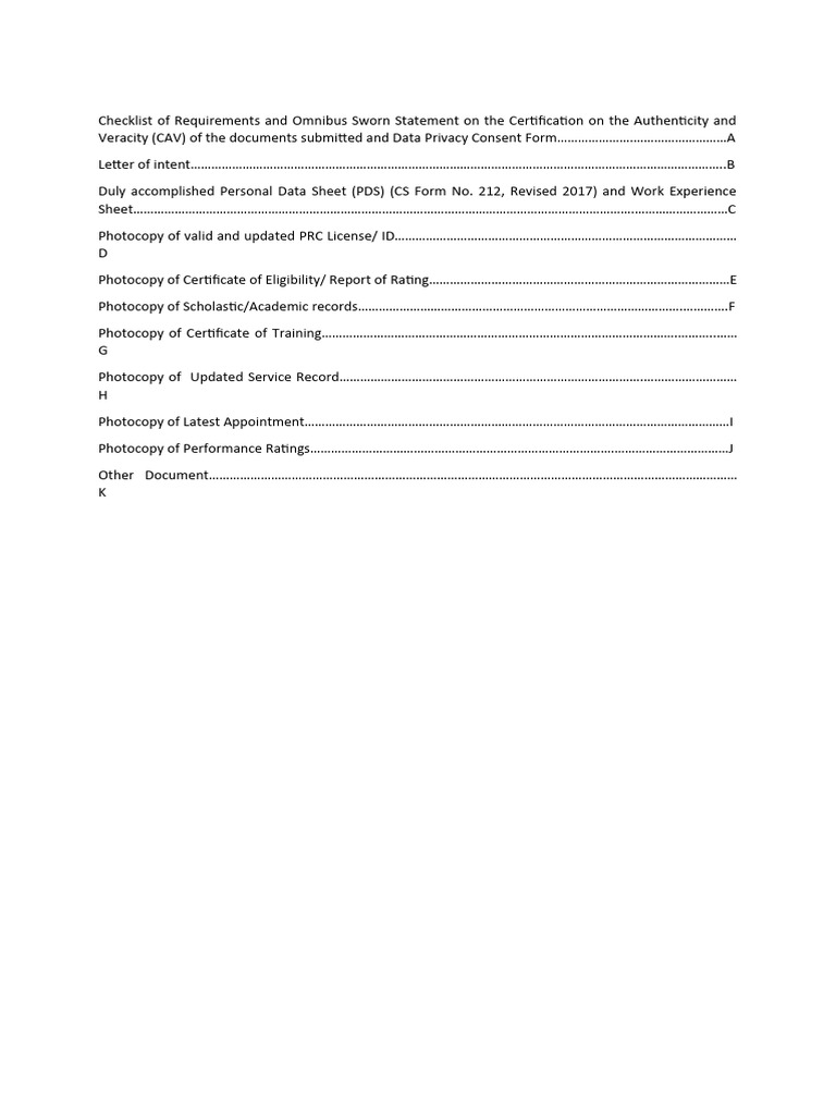 Checklist of requirements and omnibus sworn statement on the
