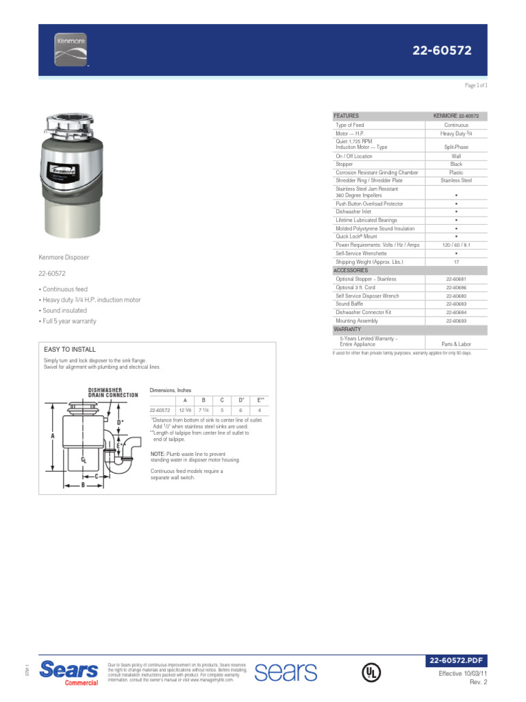 Kenmore Disposer 2260572 Continuous Feed Heavy Duty / H.P