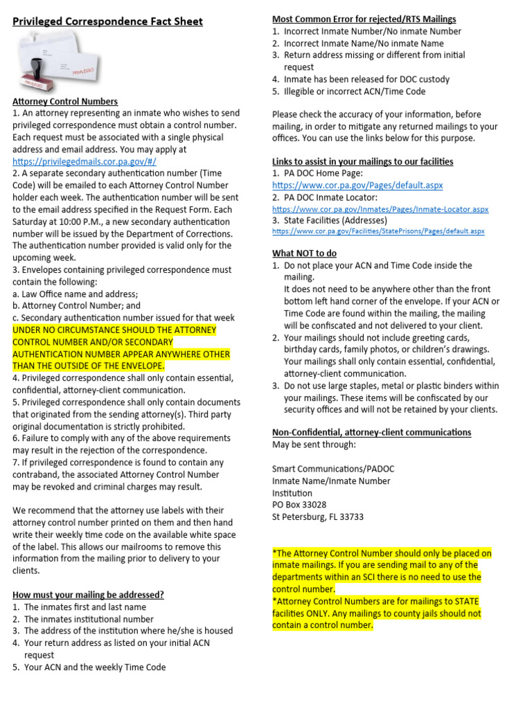 Attorney Control Numbers Info Sheet Download Free PDF AttorneyClient Privilege Email Address