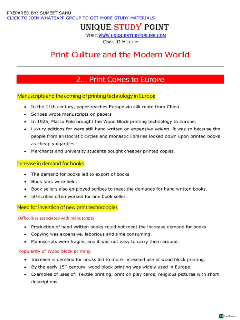 Print Culture Notes Cbse Grade 10 PDF