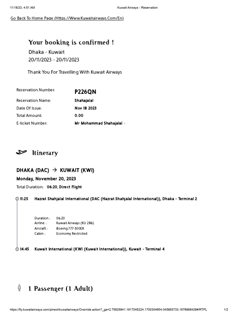 Kuwait Airways Reservation PDF