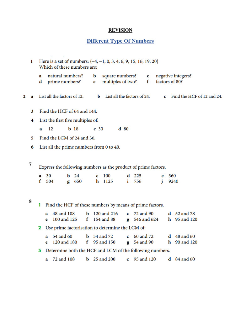 Revision Worksheet (Diff Type of Numbers) PDF