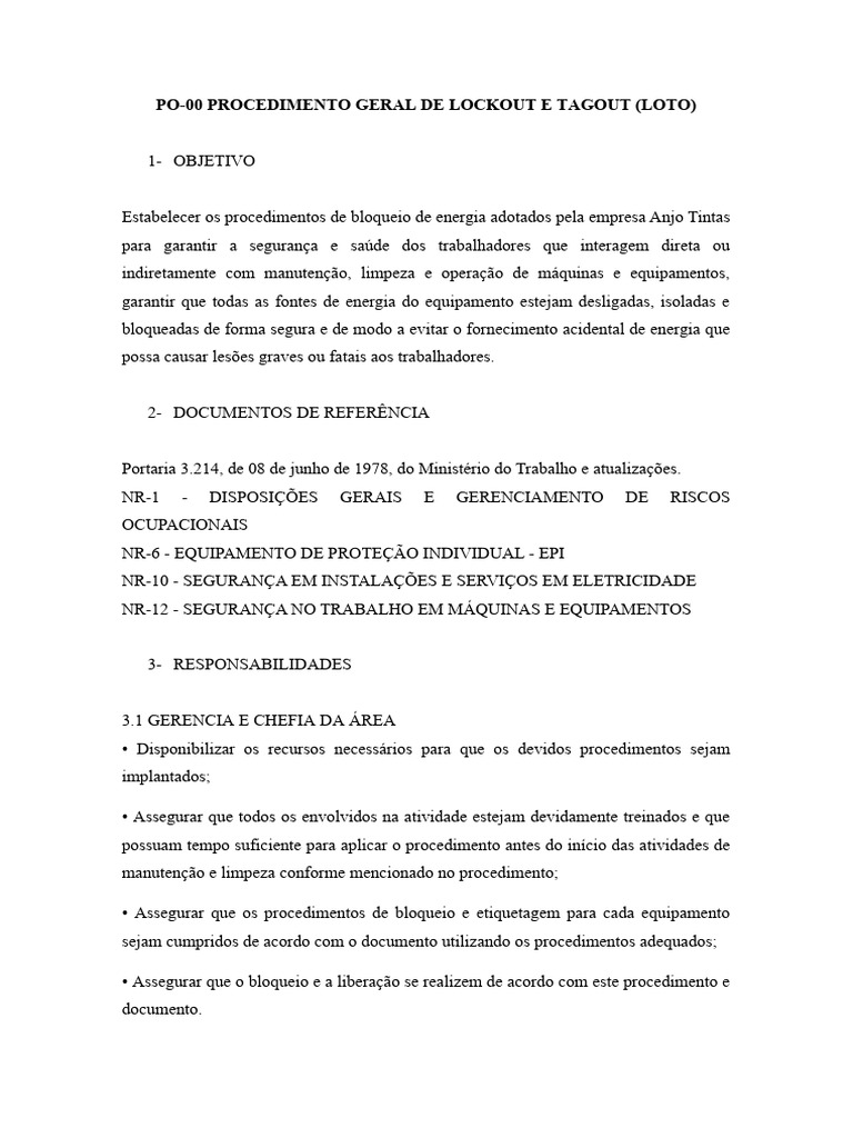 Po-00 Procedimento Geral de Lockout e Tagout (Loto) | PDF | Tecnologia ...