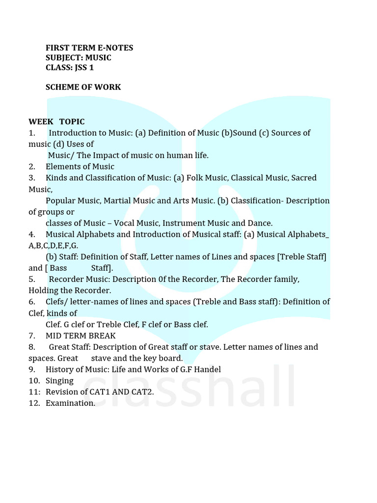 JSS1 BASIC 7 MUSIC FIRST TERM E NOTES hkp00f Download Free PDF Clef