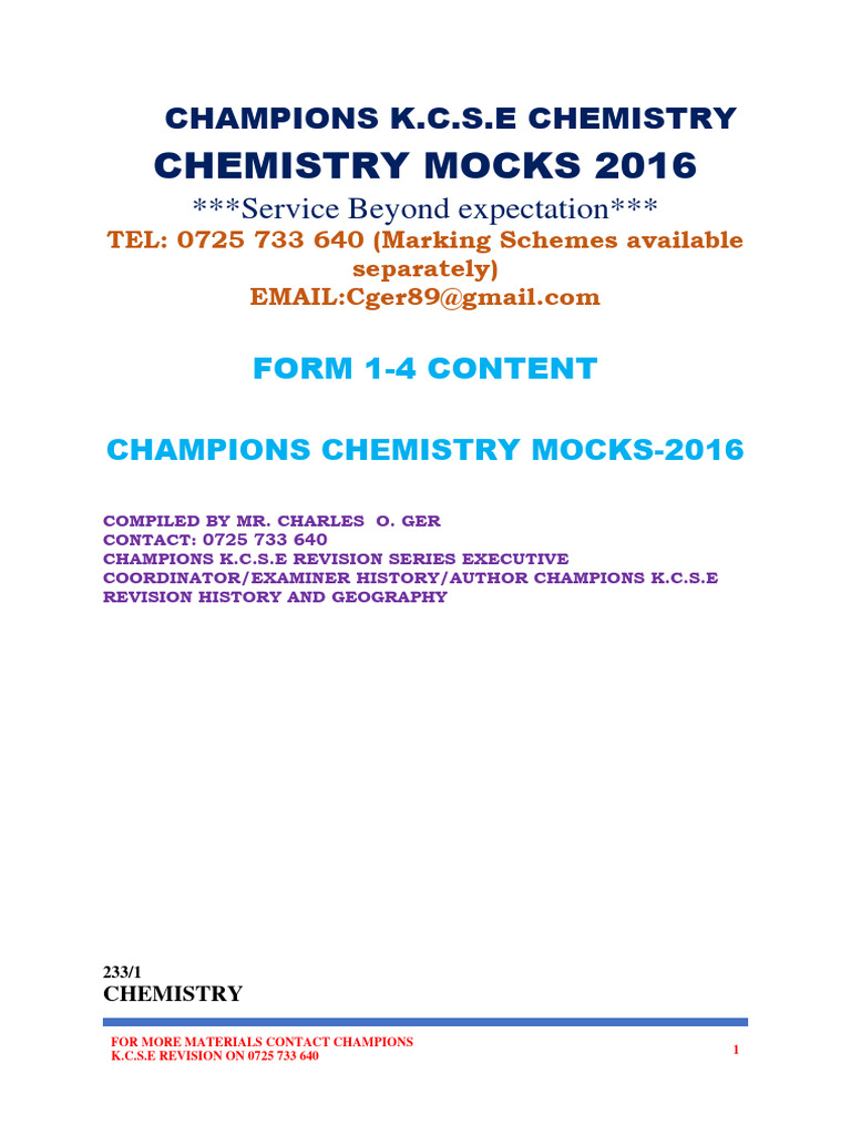 Chemistry Mocks 2016 Questions Champions Exams Pdf Electrochemistry