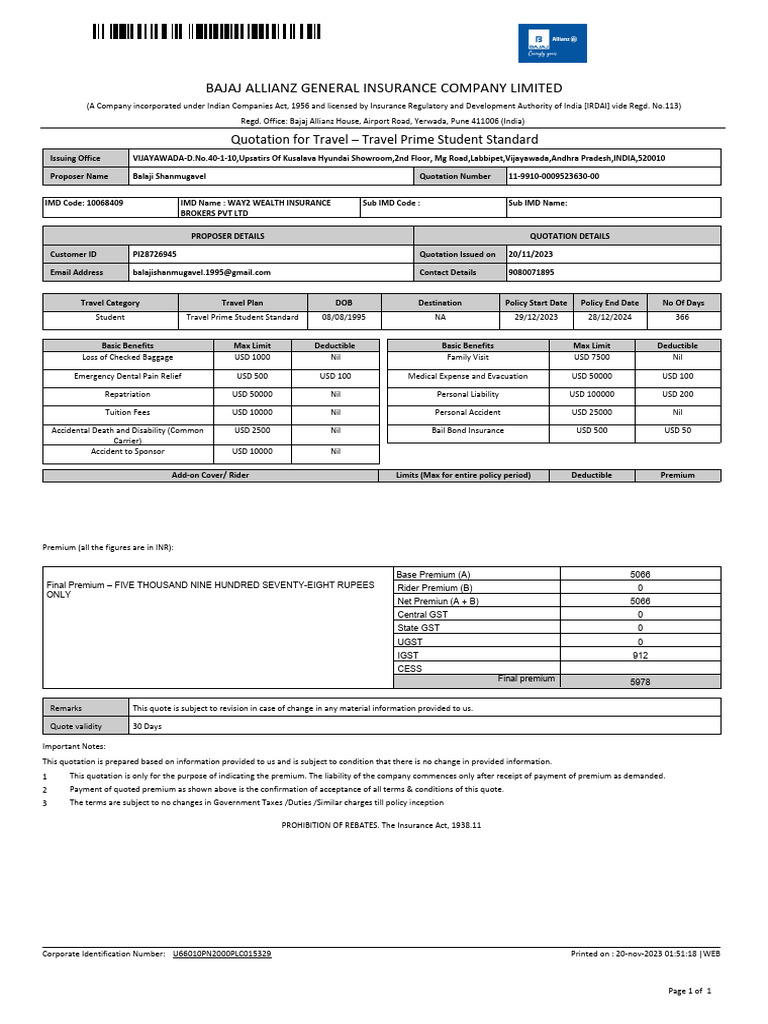 Travel Insurance Quote for Students | PDF | Insurance | Deductible