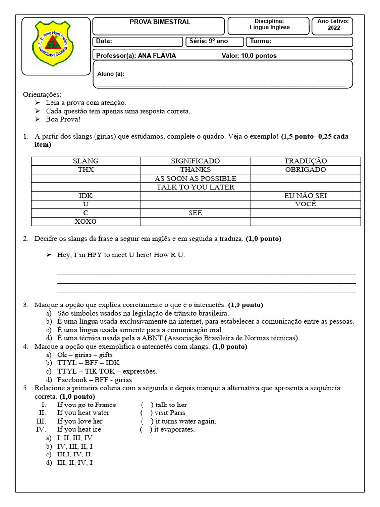Prova de Inglês 9º Ano - 3º Bimestre | PDF