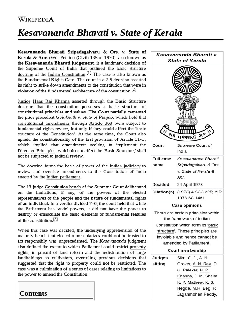 Kesavananda Bharati V State Of Kerala Pdf Justice Crime Violence