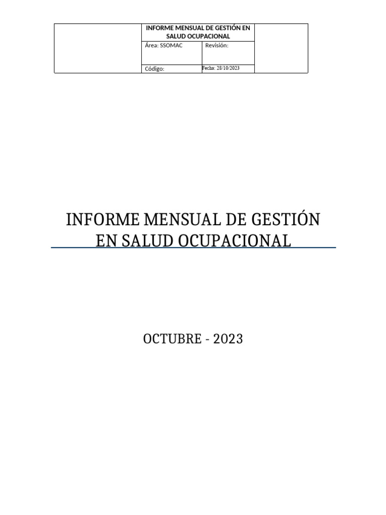 Informe Mensual - Octubre 2023 | PDF | Seguridad y salud ocupacional ...