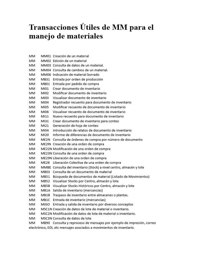 Transacciones Útiles de MM para El Manejo de Materiales | PDF ...