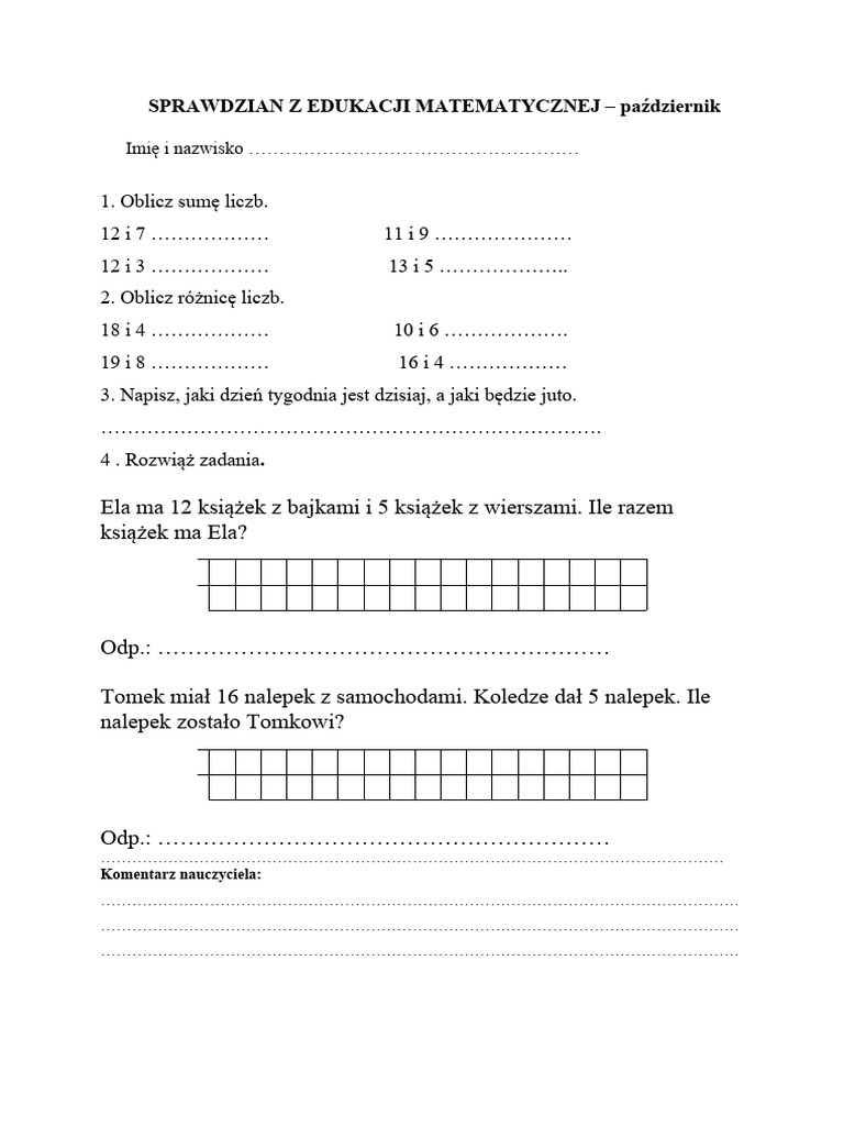 Sprawdzian Edukacja Przyrodnicza Kl 1 Sprawdzian Z Edukacji Matematycznej Klasa II | PDF
