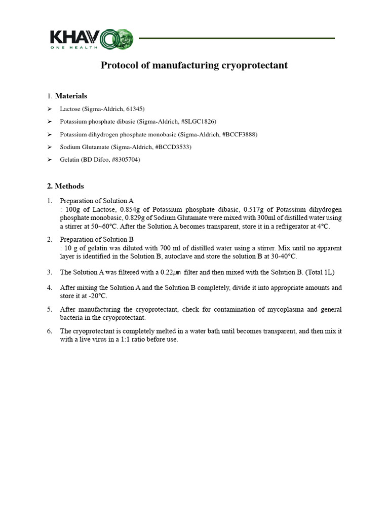 Protocol of Manufacturing Cryoprotectant | PDF