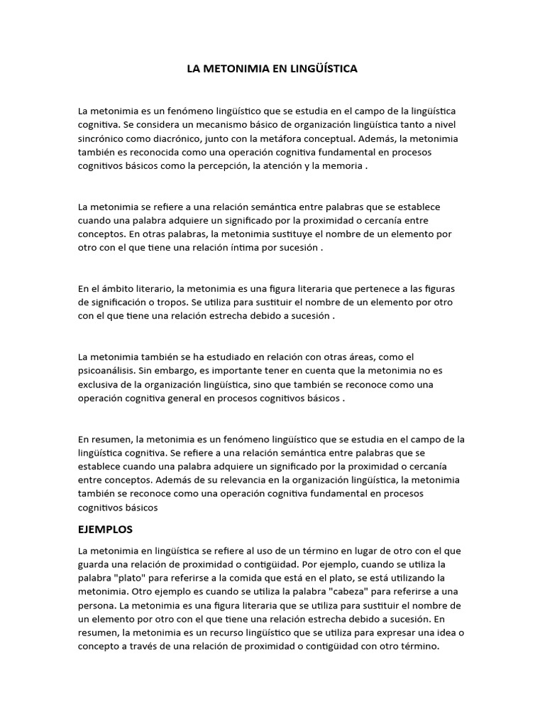 LA METONIMIA EN LINGÜÍSTICA | PDF | Metáfora | Sicología