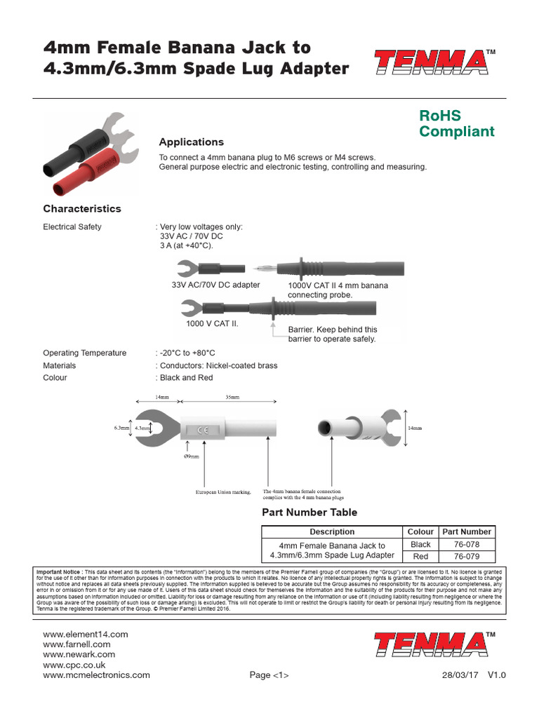 4mm Female Banana Jack To 4.3mm/6.3mm Spade Lug Adapter PDF
