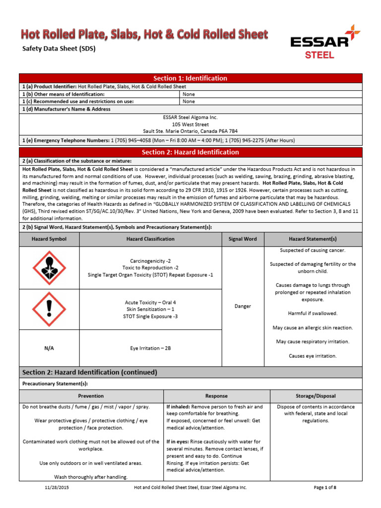 SDS Essar Steel Hot Rolled Plate Slabs Hot and Cold Rolled Sheet Dec