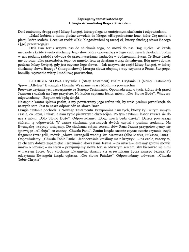 Cywilizacja Miłości Katecheza Katecheza 2 - Liturgia Słowa-Dialog Boga Z Kościołem | PDF